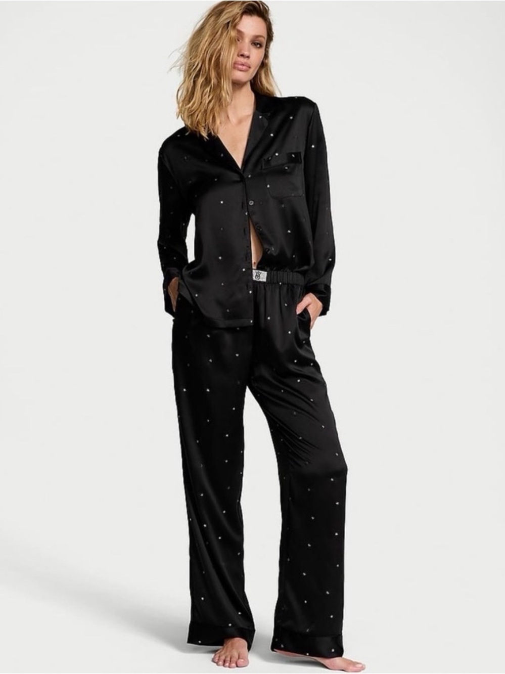 Victoria's Secret Black Satin Star Dew Drop Long Pajama Set